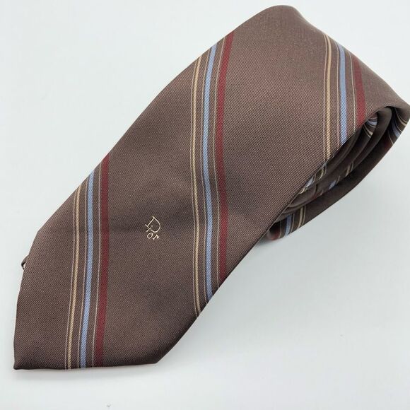 Christian Dior Tie Chocolate Brown Diagonal Pinstripe - Picture 1 of 12